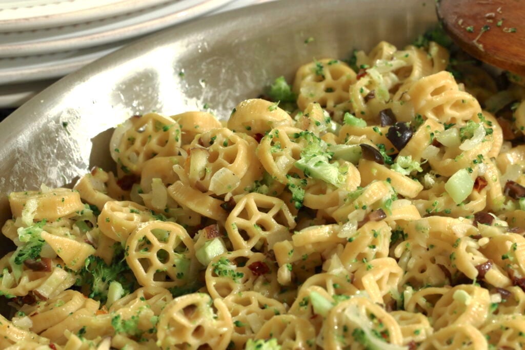 Chickpea Pasta with Veggies close up in skillet