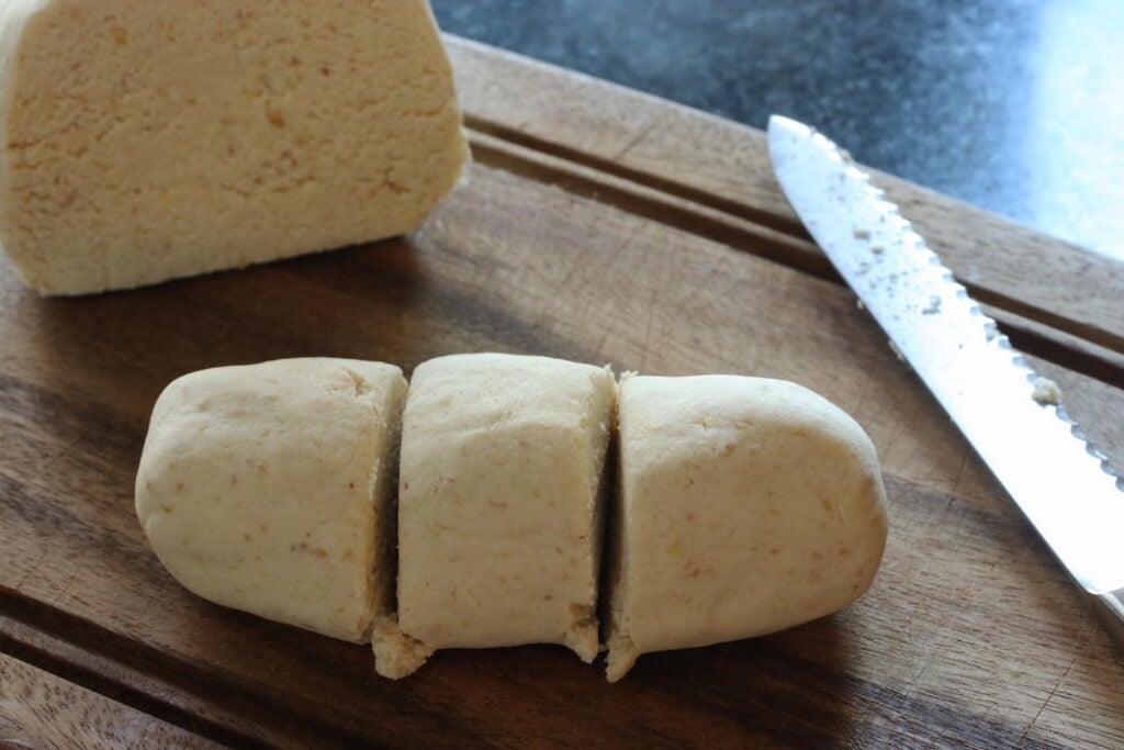 Cassava flour dough cut into sections