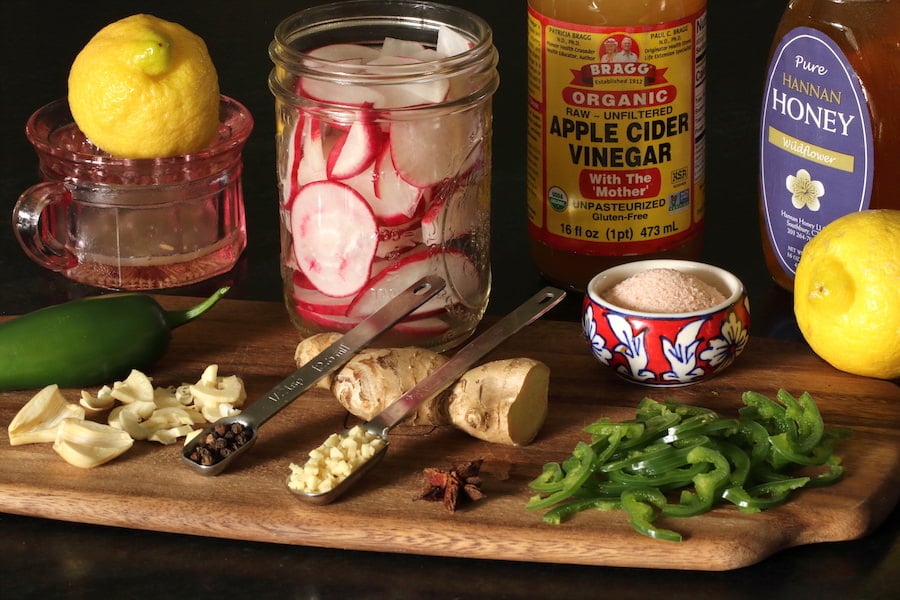 Display of ingredients to make Pickled Radishes with Jalapeños