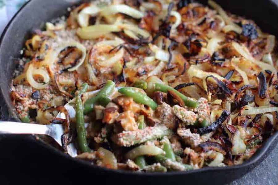 Dairy Free Green Bean Casserole made in a skillet