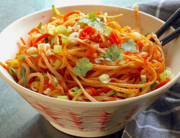 Vegan Thai Noodles served in an Asian style bowl with chopsticks