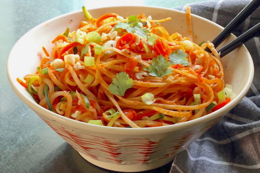 Vegan Thai Noodles served in an Asian style bowl with chopsticks