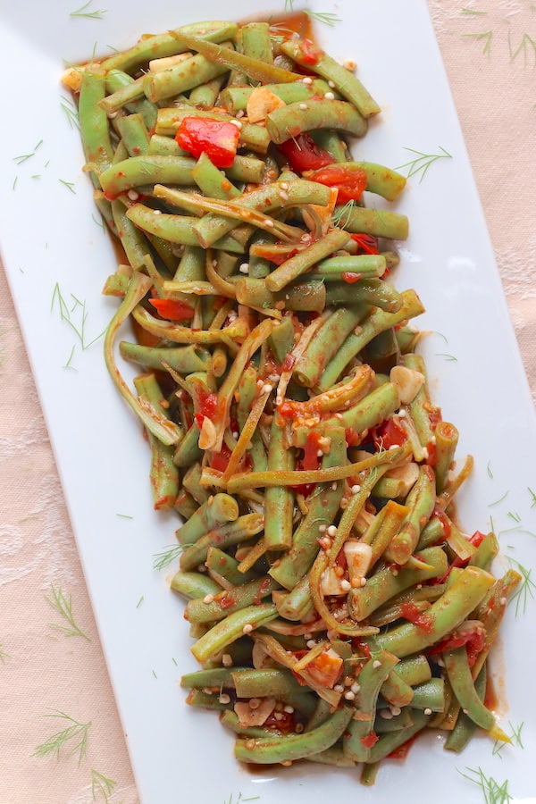 Green Beans and Okra served on a rectangular platter