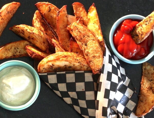 Potato Wedges served with ketchup and dill cashew dressing