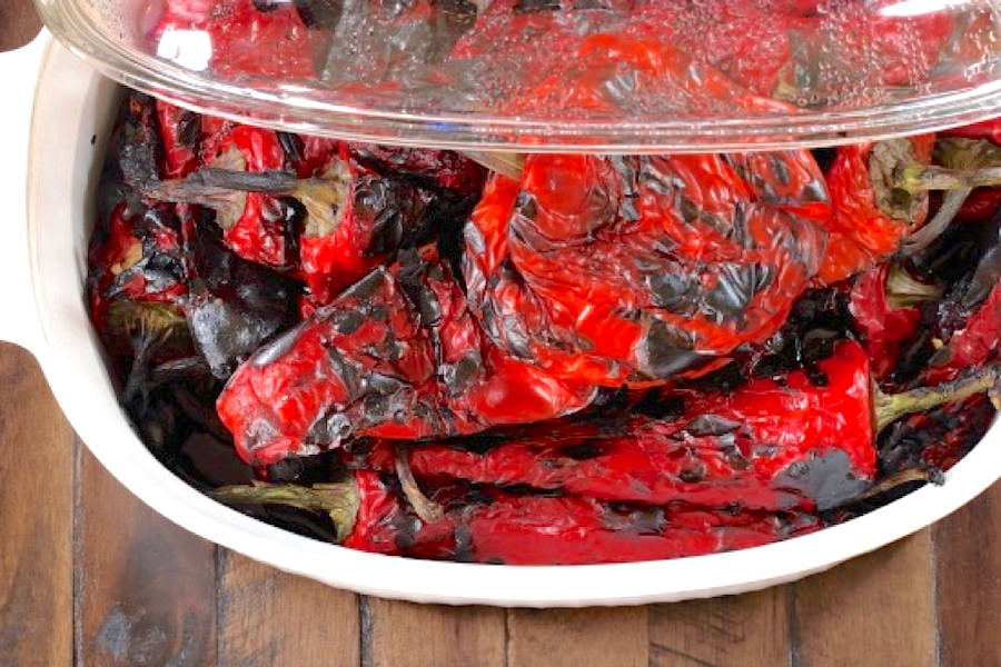 Roasted peppers in casserole dish