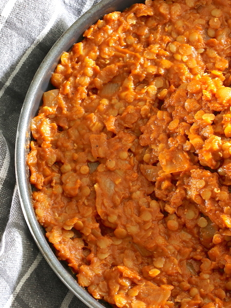 Misir Wot (Ethiopian Spicy Lentil Stew) in skillet