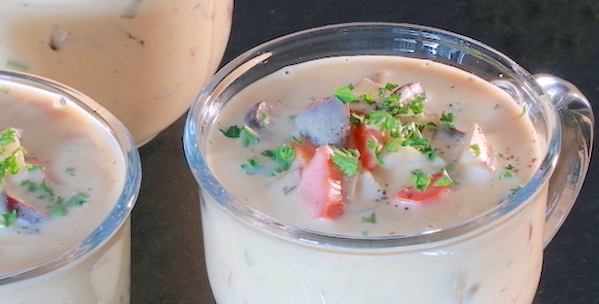 Three bowls of vegan chowder