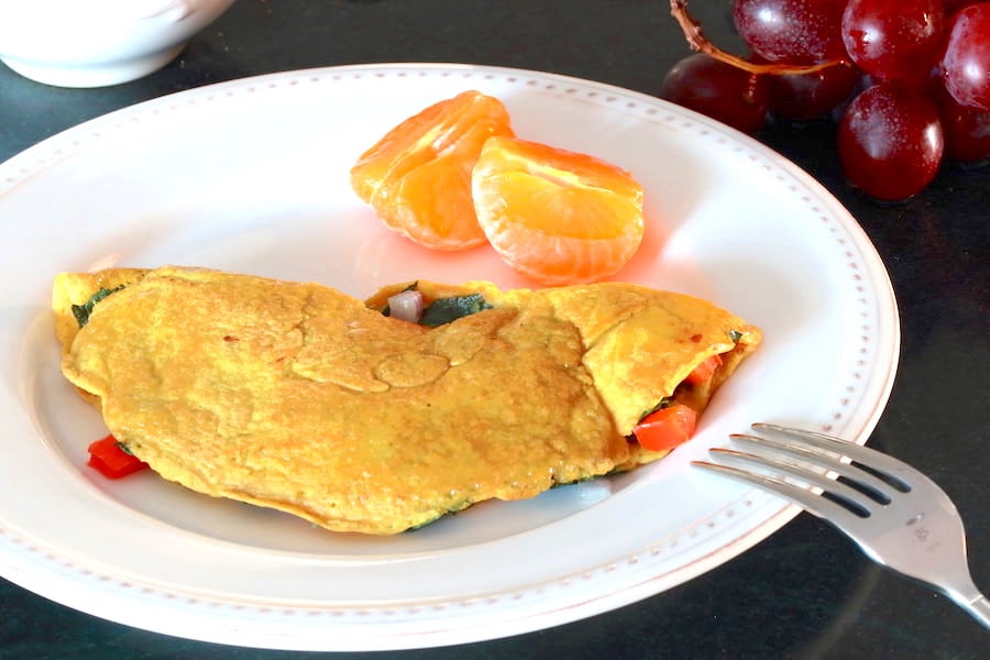 Vegan Omelette served with mandarin oranges and grapes