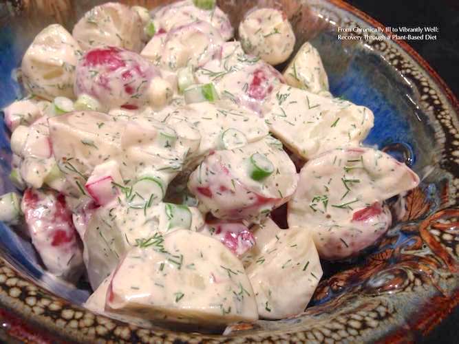 Bowl of Red Potato Salad with Cauliflower Dressing