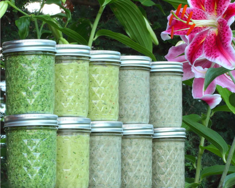 Three varieties of homemade pesto in pint-sized jars lined up