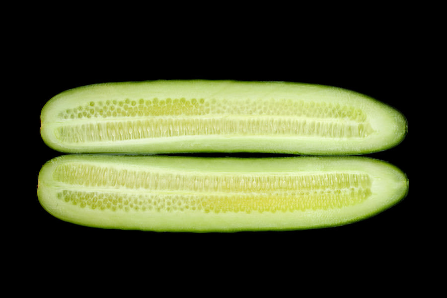 cucumber peeled and cut in half lengthwise; view of interior