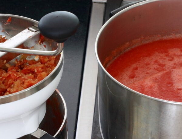 Glimpse of tomato skins being removed using a food mill, and glimpse of tomato puree being boiled down