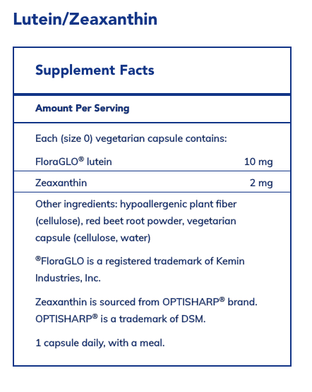 Pure Encapsulations label for Lutein/Zeaxanthin