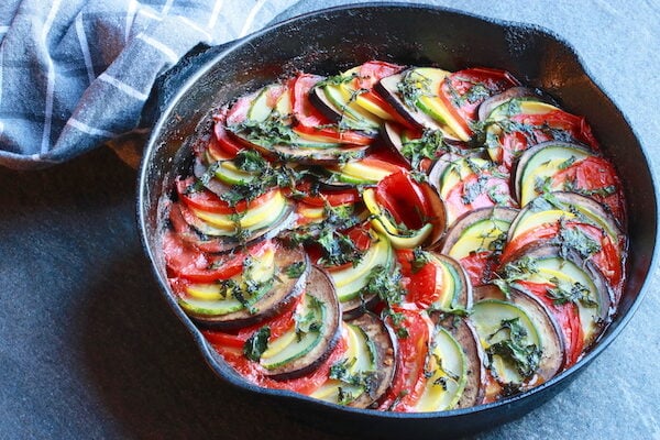 Baked Vegan Ratatouille cooked in a cast iron skillet