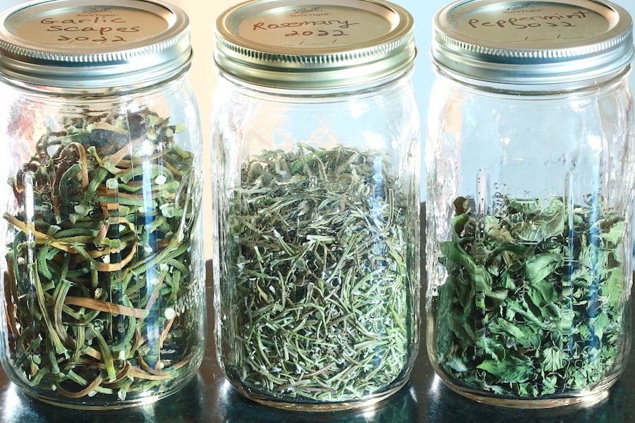 Three quart jars of dried herbs; garlic scapes, rosemary, peppermint