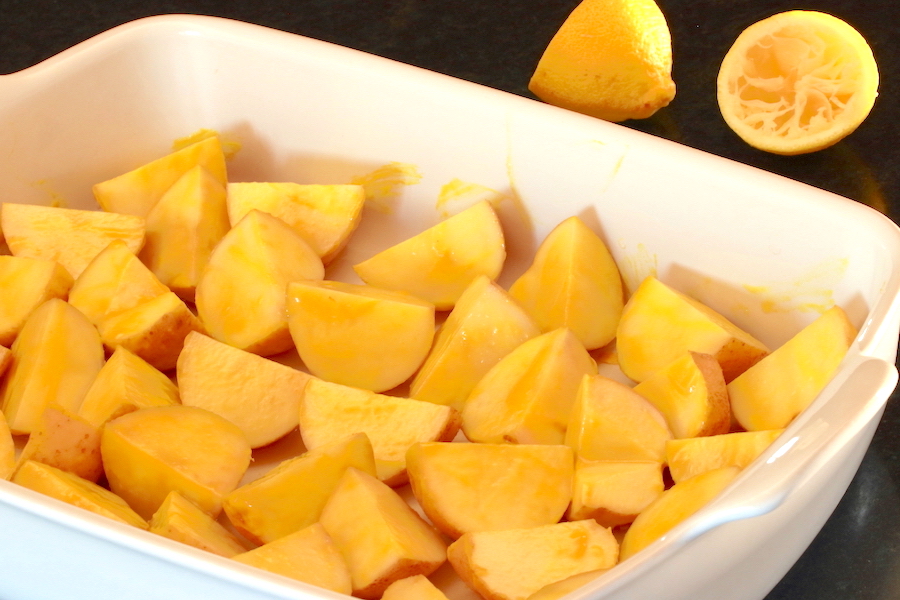 Greek Lemon Potatoes in baking dish ready for the oven