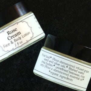 View of front and back labels of jar of Rose Cream