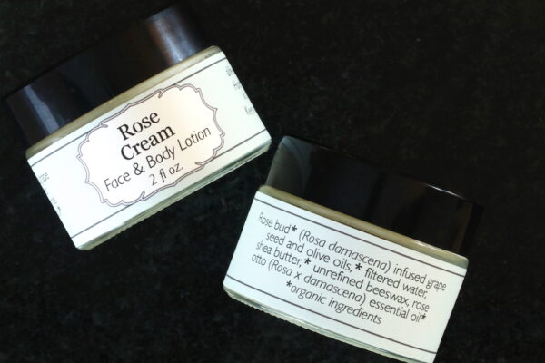 View of front and back labels of jar of Rose Cream